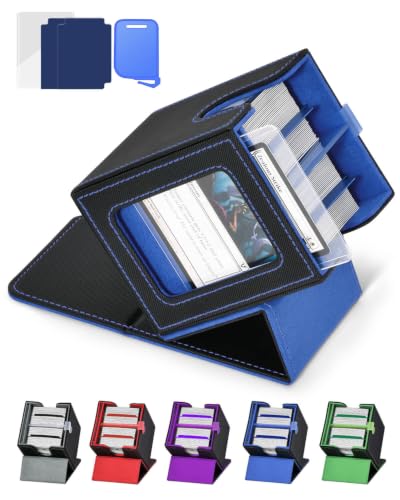 Card Deck Box with MTG Commander Display, Deck Case Holds 100+ Double-Sleeved Cards, Trading Card Storage Box Fits TCG/PTCG/Sports Card with 2 Dividers, Top Loaders (Black Blue) - color: Black Blue