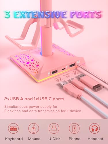 VCOM RGB Gaming Headphones Stand with 2 USB Ports, Pink Headset Stand with 10 Light Modes and Non-Slip Rubber, Suitable for PC Desk Accessories Gamers Gift(Pink) - color: Pink