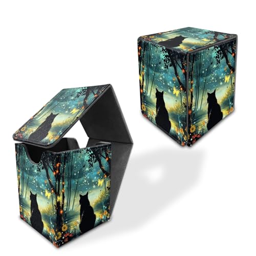 for MTG Deck Box, Commander Deck Case Fits 100 Double Sleeved Cards, PU Leather Storage Box, Compatible with Magic/TCG/PTCG/EDH/Sport Cards,Black Cat Forest - color: Black Cat Forest