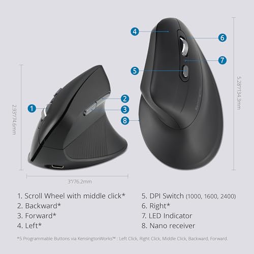 Kensington MY630 EQ Wireless Rechargeable Mouse, Ergonomic Vertical Design, Bluetooth LE, 2.4GHz, Black (K72484NA) | Ergonomic vertical design, Bluetooth LE and 2.4GHz connection, rechargeable battery - size: Full-Size
