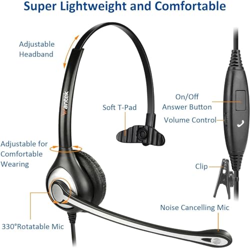 Wantek Cell Phone Headset with Microphone Noise Cancelling for Laptops, PC,3.5mm Jack,Volume Control,Wired Computer Headsets for Zoom Skype,for Office,Business, Call Center, Clear Chat