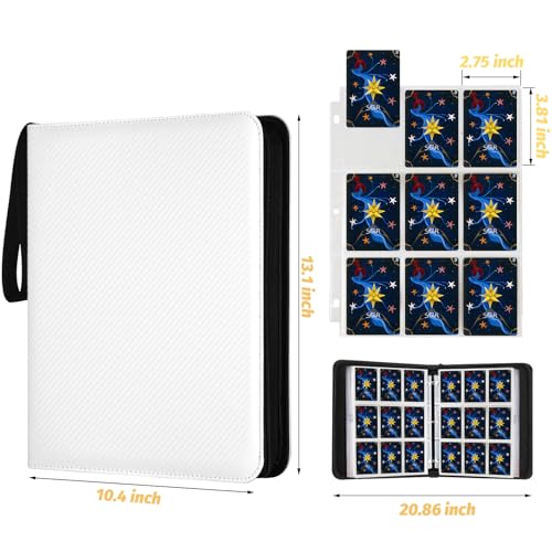 900 Pockets Round Ring Trading Card Binder, 9-Pocket Clear Zipper Card Album with Wrist Strap, Holds 900 Standard TCG & Sports Cards, Not Fit Top Loaders (Carbon White) - color: 9 Pocket 900 Carbon White