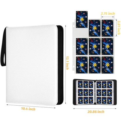 900 Pockets Round Ring Trading Card Binder, 9-Pocket Clear Zipper Card Album with Wrist Strap, Holds 900 Standard TCG & Sports Cards, Not Fit Top Loaders (Carbon White) - color: 9 Pocket 900 Carbon White
