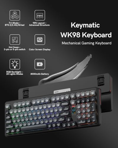Keymatic Foundation Mechanical Keyboard,98% Pink Creamy Keyboard Gaming Keyboard,3 Mode with Multimedia Screen,RGB Backlit,Jelly MOA Profile keycaps for Win/Mac,Grey - color: Grey