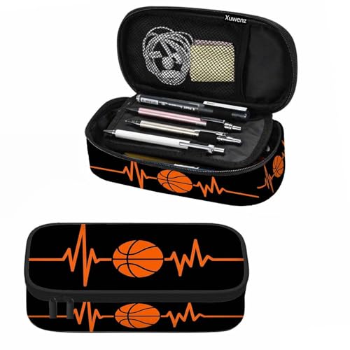 Basketball Pencil Holder Bag Heartbeat Sport Orange Black Pencil Case College Office Organizer for Teens School Students Boy Girl - color: Basketball