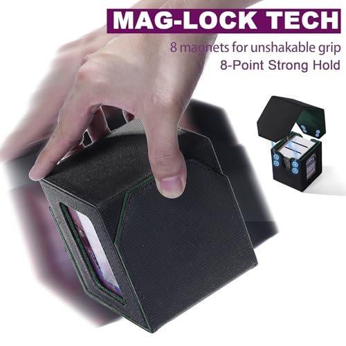 Commander Dual Display Deck Box — Patented Design Holds 130 Double-Sleeved/100 Triple-Sleeved Cards, Includes 2 Thick Card Bricks & 2 Dividers, Multi-Function Storage Cas（Black Green） - color: Black/Green