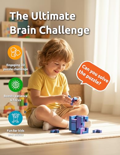 Interlocking Cube Brain Teaser Puzzle for Kids and Adults, Pocket Size 1.77 Inch Dual Color Blue and Purple Logic Challenge, Screen Free Focus Toy and Thoughtful Gift Idea - style: Cubix Blue