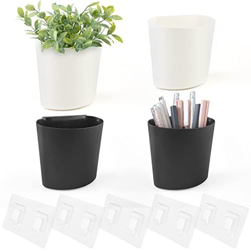 4 Pack Wall Caddy Pen Holders, White & Black Pencil Cups Storage Organizer | Wall Hanging Cups for Marker / Remote / Crayon / White Board / Rolling Cart, with Adhesive Stickers, Office Art Craft Room - color: White & Black