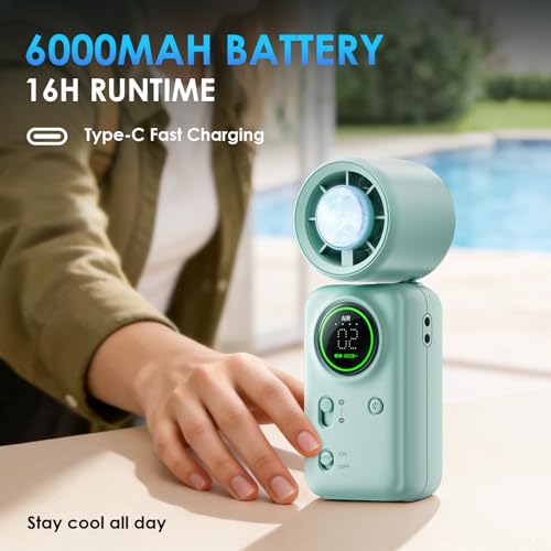 FurBall 4-IN-1 Portable Handheld Fan with Ice Cooling, High-speed Turbo Power 100 Gear Adjustable, LED Display, 6000mAh Rechargeable Battery, Foldable & Quiet Personal Fan for Travel, Office, Outdoor - color: Mint Green