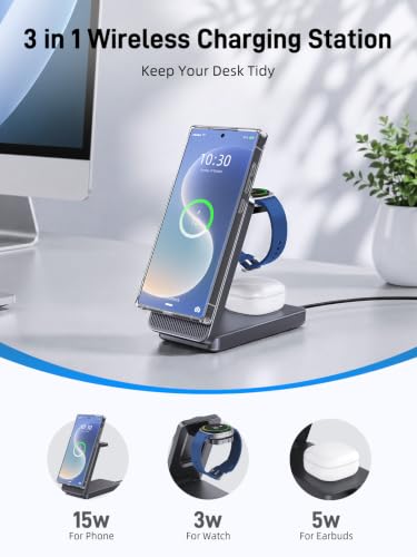 3 in 1 Wireless Charging Station for Samsung, Foldable Wireless Charger | ELECDOV Magnetic Wireless Charger for Galaxy S26/S25/Z Fold 7/Flip 7, Travel Watch Charger Stand for Galaxy Watch 8/Buds 4