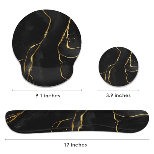 Ergonomic Mouse Pad Set with Wrist Rest, Black Gold Marble | Abstract Modern Non-Slip Rubber Base Wrist Cushion Support and Coasters Mousepad with Wrist Support for Computer Keyboard - color: Black Marble