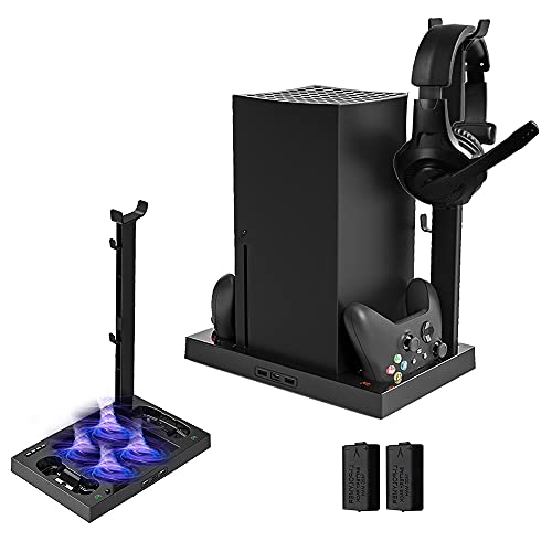 Megadream XOX Series X Stand with Fan, Dual Controller Charging Dock Station with 4 Cooling Fan, 1 Headphone Holder, 2 Pack 1400mAh Rechargeable Batteries for XOX Series X Console, Black