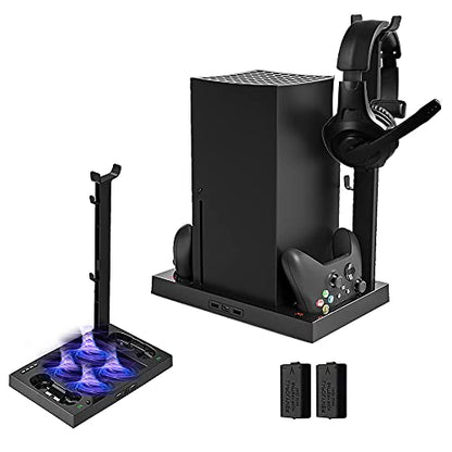Megadream XOX Series X Stand with Fan, Dual Controller Charging Dock Station with 4 Cooling Fan, 1 Headphone Holder, 2 Pack 1400mAh Rechargeable Batteries for XOX Series X Console, Black