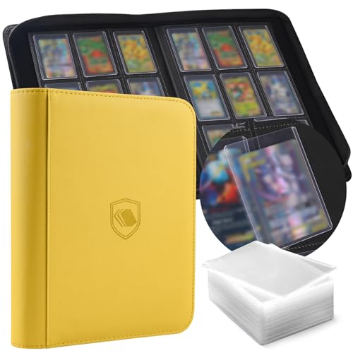 Toploader Binder, Holds 360 Toploaders, 100 Toploaders INCLUDED, 9-Pocket PU Cover Top Loader Binder for 3" x 4" Rigid Toploader, Ringless Double-Sided Toploader Card Binder for TCG, Sport Cards - color: Yellow, size: 9 Pocket