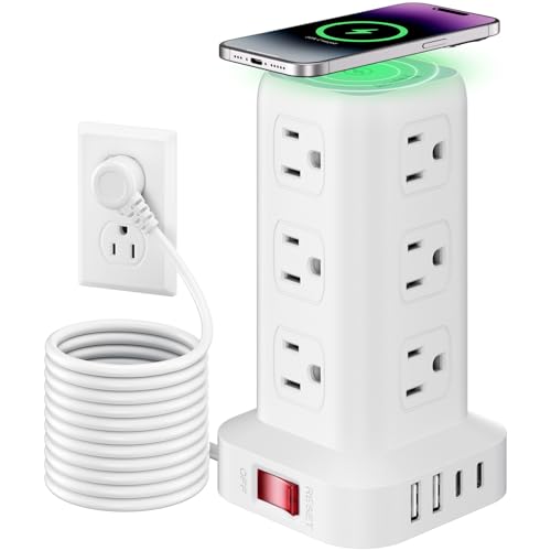 Extension Cord with Multiple Outlets, SMALLRT Power Strip Tower, 10FT Outlet Extender with 12 AC Outlets 4 USB, Power Strip with USB Ports for Home Office Dorm Room,Overload Protection - color: White, size: 10 Ft with wireless charging