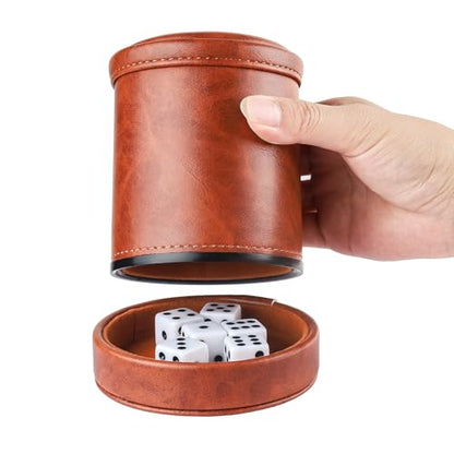 Brown PU Leather Dice Cup with Lid, Velvet Interior Quiet Dice Shaker Cup with 6 Dice for Liars Dice/Farkle/Yahtzee Games, 1 Pack - color: Brown