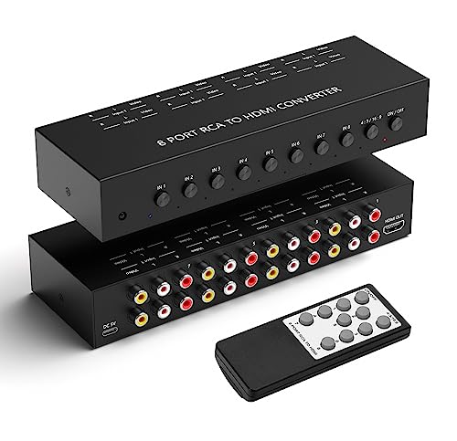 Dingsun 8Port AV to HDMI Converter, Will Convert Input Analog Aignals to a Digital Output Signal, Built-in 16:9/4:3 Adjustment, Perfect for Old Video Game Systems,PS,WII,Xbox,DVD,VHS(with Remote) - style: 8Port RCA to HDMI Converter