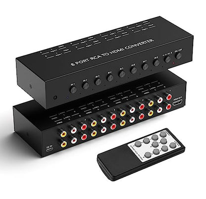 Dingsun 8Port AV to HDMI Converter, Will Convert Input Analog Aignals to a Digital Output Signal, Built-in 16:9/4:3 Adjustment, Perfect for Old Video Game Systems,PS,WII,Xbox,DVD,VHS(with Remote) - style: 8Port RCA to HDMI Converter