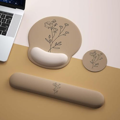 Mouse Pad with Keyboard Wrist Rest,Ergonomic Mouse Pad Wrist Support PU Base with Coaster,Mousepad with Nonslip Base for Computer Laptop Keyboard Home&Office - color: O-Beige Plants