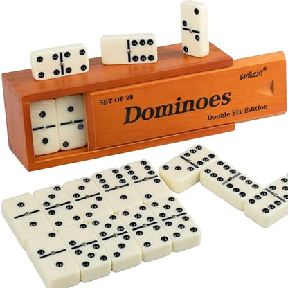 Smilejoy Jumbo Dominoes Set for Adults, Double 6 Domino with Wooden Box | 28 Jumbo Retro Ivory tiles, Prime wood Box, Metal Spinner,recessed mark, for 2-4 players, Board Game,Festival Gift choice