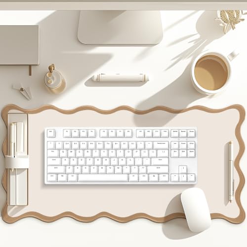 Hahafelt Scalloped Desk Mat Large Desk Pad Cute Coquette Table Mat Back to School Preppy Table Make up Pad Nonslip Graduation Gift with Stitching Waterproof Gaming(Beige,23.6 x 13.8 Inches) - color: Beige, size: 23.6L x 13.8W inches