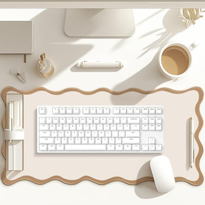Hahafelt Scalloped Desk Mat Large Desk Pad Cute Coquette Table Mat Back to School Preppy Table Make up Pad Nonslip Graduation Gift with Stitching Waterproof Gaming(Beige,23.6 x 13.8 Inches) - color: Beige, size: 23.6L x 13.8W inches