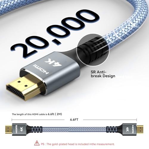 4K HDMI Cable 6.6 ft, 18Gbps 2.0 High-Speed Nylon Braided Cord | Gold-Plated Connectors, Supports 4K@60Hz, 2K 1080P, ARC, CL3 Rated, HDR, Compatible for PS5/4/3, Laptop, HDTV, Fire/Apple TV