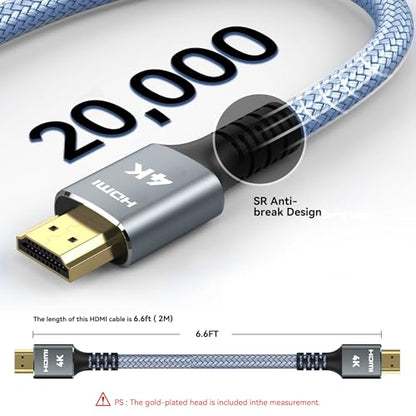 4K HDMI Cable 6.6 ft, 18Gbps 2.0 High-Speed Nylon Braided Cord | Gold-Plated Connectors, Supports 4K@60Hz, 2K 1080P, ARC, CL3 Rated, HDR, Compatible for PS5/4/3, Laptop, HDTV, Fire/Apple TV