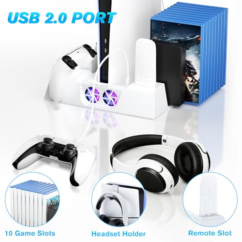 Stand and Cooling Station for PS5/PS5 Slim/PS5 Pro, with Dual Controller Charging Station for PlayStation 5 - color: Soft White