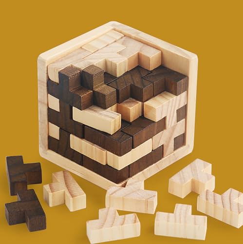 Ahyuan Wooden Brain Teaser Puzzle Cube Wooden Puzzles T-Shaped Jigsaw Logic Puzzle Educational Toy for Kids and Adults by AHYUAN (Brown and Natural) - color: Brown and Natural
