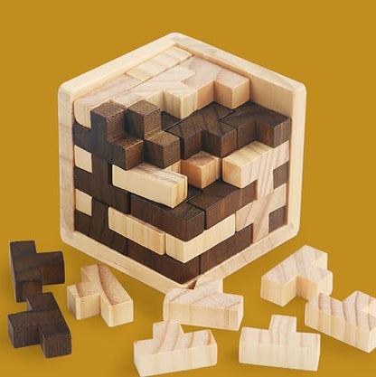 Ahyuan Wooden Brain Teaser Puzzle Cube Wooden Puzzles T-Shaped Jigsaw Logic Puzzle Educational Toy for Kids and Adults by AHYUAN (Brown and Natural) - color: Brown and Natural