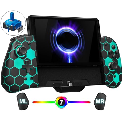 FUNLAB Switch Joypad Controller for Nintendo Joycon Replacement, Hall Effect Switch Handheld Controller Customizable, Luminous Ergonomic Switch One-Piece Controllers with 7 LED Colors/Mapping/Turbo - color: Black-Honeycomb Pattern