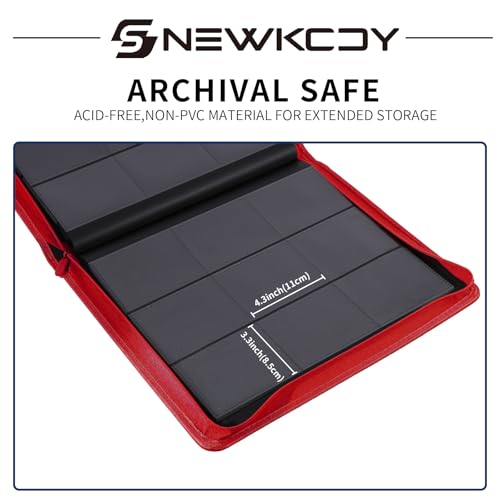 Snekdy Top loader Binder, 9 Pockets Top Loader，Holds 360 Top Loaders cards, Card binder with Sleeves for card in 3 x 4 inches color smooth Zipper PU Leather (Red) - color: Red
