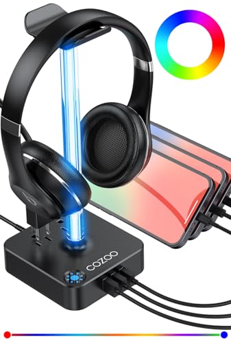 RGB Headphone Stand with USB Charger COZOO Desktop Gaming Headset Holder Hanger with 3 USB Charger and 2 Outlets - Great for Gaming, DJ, Wireless Earphone Display,Gamer PC Accessories Boyfriend Gifts | Gaming Headset Stand Holder for Desk, 3 USB(1 USB C)