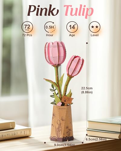 rowood Wooden Flower,3D Puzzles for Adults,Artifical Flower Botanical Collection Building Kit,Mother's Day/Valentine's Day Pink Tulip - style: Pink Tulip