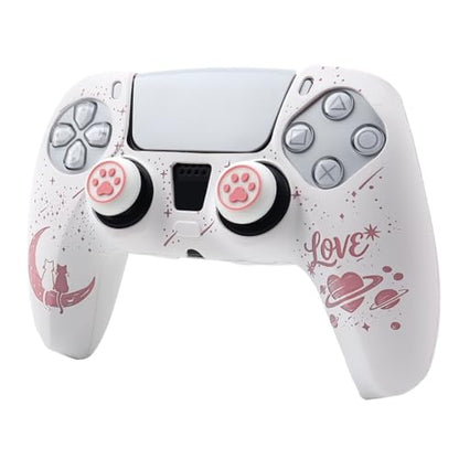 Moonlit Cats with a Loving Heart Controller Skin Compatible with PS5/Playstation 5 Controller, RALAN Protector Case Cover Customised Thumb Grip - color: MCats White Pink