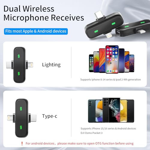 YeenMelly 2-Pack Wireless Lavalier Microphone: for iPhone 15/16, iPad, Android - Mini LED Display, Noise Reduction, Plug & Play, USB-C Charge , Clear Sound - Video/Vlog, Windscreen & Pouch Included