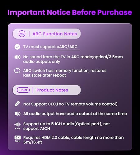 avedio links HDMI eARC/ARC Audio Extractor 4K@60Hz, HDMI to Optical Toslink SPDIF & 3.5mm AUX Stereo Audio Converter Splitter, HDCP 2.2, PCM/DTS 5.1