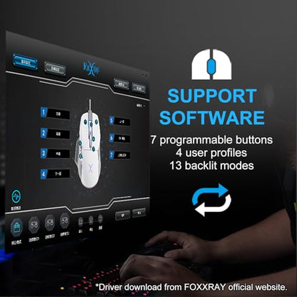 FOXXRAY BM-88 RGB Gaming Mouse, 7200 DPI, Musicsync Backlit, Wired Optical Mouse with 7 Programmable Buttons, 13 Lighting Effects, Braided Cable, Gaming Mouse for PC/Laptop - White