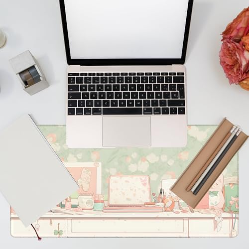 Desk Pad, Kawaii Anime Style Desk Mat, Green Cute Desktop Large Gaming Mouse Pad for Desk, 31.5"x15.7" Extended Big Computer Keyboard Mouse Pad with Non-Slip Base and Stitched Edge - color: Kawaii Anime Style