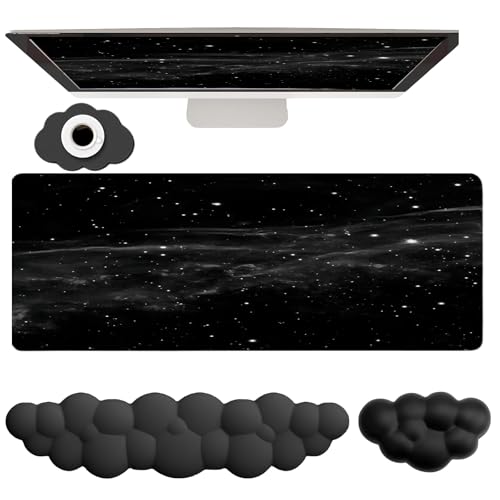 Cloud Mouse Pad Keyboard Wrist Rest 4PCS Extended Large Galaxy Desk Mat Pad Set Memory Foam Non-Slip Cute Ergonomic Gaming Mouse Pad Wrist Support for Computer Laptop Home Office Black - color: 4pcs Black Galaxy