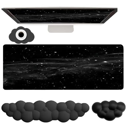 Cloud Mouse Pad Keyboard Wrist Rest 4PCS Extended Large Galaxy Desk Mat Pad Set Memory Foam Non-Slip Cute Ergonomic Gaming Mouse Pad Wrist Support for Computer Laptop Home Office Black - color: 4pcs Black Galaxy