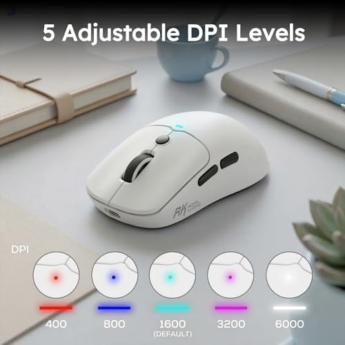 RK ROYAL KLUDGE MO1 Wireless Mouse, 55g Ultra-Lightweight Computer Mice, 6 Programmable Buttons, 2.4GHz/Bluetooth/Wired, 6000 DPI Optical Sensor, White - color: White