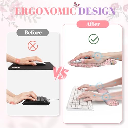 iCasso Desk Mat Set,Large Mouse Pad with Wrist Rest,Ergonomic Keyboard Wrist Support for Women,Girly Floral Computer Mat with Scalloped Edges,Non-Slip Desk Pad Home Office Gaming (Pink) - color: Pink