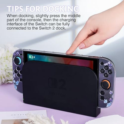 DLseego Protective Case Flower Floral Clear Switch 2 (2025), Detachable Joy-Handle Protective Case 2-Piece Split Full Wrap PC Hard Shell Anti-Scratch All-Round Protection Cover, Lavender, Purple - color: Purple 2