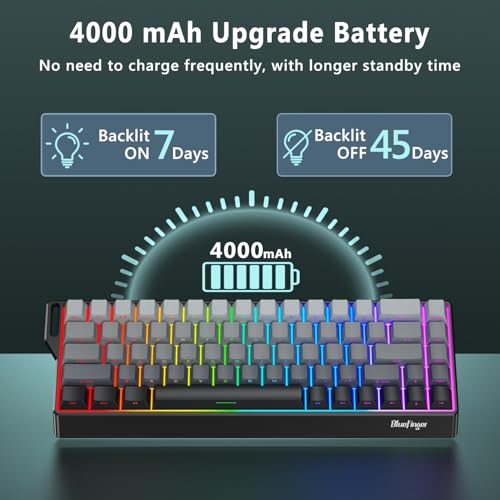 BlueFinger 60% Wireless Mechanical Gaming Keyboard, Bluetooth/2.4G/USB-C Hot Swappable RGB Backlit Keyboard with Side-Printed PBT Keycaps, for MAC Xbox PC PS5, Black - color: Gradient Gray