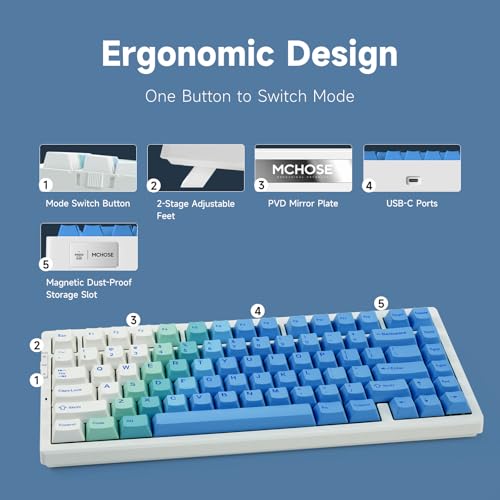 MCHOSE G75 PRO 75% Wireless Mechanical Keyboard, TKL Keyboards Tri-Mode BT5.0/2.4GHz/USB-C, Hot Swap Custom Creamy Keyboards Linear Switch, Double Shot PBT Keycaps RGB LED Backlit, White&Blue - color: Blue