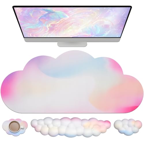 JIKIOU Ergonomic Keyboard Wrist Rest &Large Mouse Pad&Mouse Wrist & Cup Pad | Cute Cloud Shape, 4 in 1 Memory Foam Desk Mat, Ultra-smooth Surface, Savior of Wrist Pain, Anti-slip Rubber Base, Waterproof - color: 01Rainbow