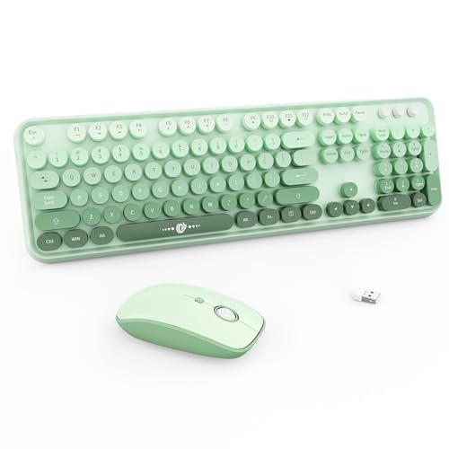 Wireless Keyboard and Mouse Combo - 2.4G Full-Sized Cute Colorful Mouse and Keyboard with 104 Round Keys Retro Typewriter Keyboard for Laptop/Windows/PC - Green Gradient - color: V2020 Green Gradient