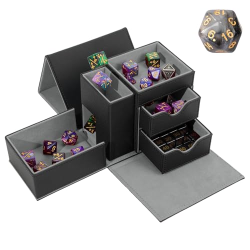 Dice Tray & Dice Tower Storage Box, 3 in 1 Dice Holder Case (Dice Rolling Tray, Dice Rolling Tower, Dice Storage Drawers), Leather Magnetic Closure DND Accessories Gifts for RPG MTG, Black/Grey - color: Black/Grey